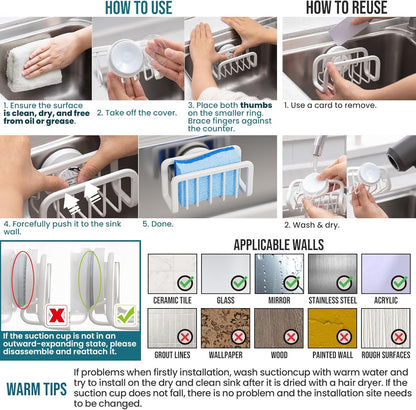 4-in-1 Sink Caddy with Strong Suction Cup, Sponge Holder for Kitchen Sink Organizer, Removable, Rustproof, Stainless Steel Holder for Sponge, Brush, Scrubber, Scraper - Silver