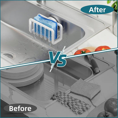 4-in-1 Sink Caddy with Strong Suction Cup, Sponge Holder for Kitchen Sink Organizer, Removable, Rustproof, Stainless Steel Holder for Sponge, Brush, Scrubber, Scraper - Silver