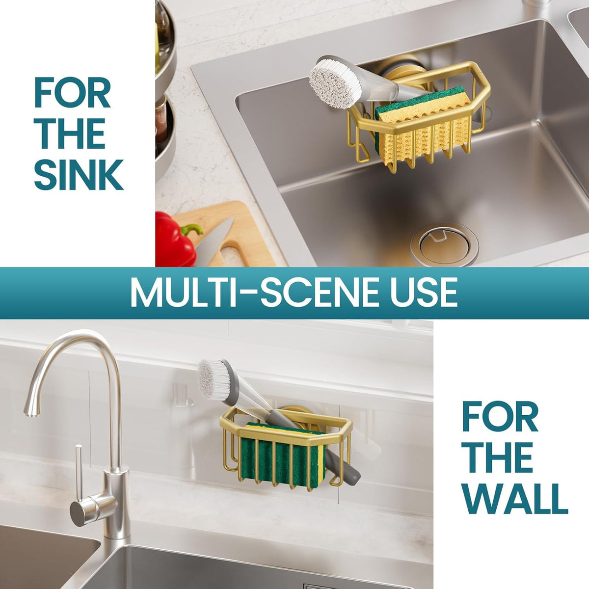 4-in-1 Sink Caddy with Strong Suction Cup, Sponge Holder for Kitchen Sink Organizer, Removable, Rustproof, Stainless Steel Holder for Sponge, Brush, Scrubber, Scraper - Silver