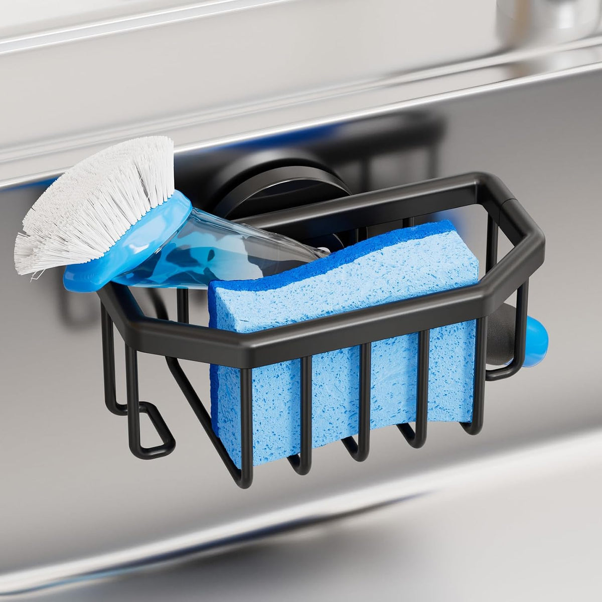 4-in-1 Sink Caddy with Strong Suction Cup, Sponge Holder for Kitchen Sink Organizer, Removable, Rustproof, Stainless Steel Holder for Sponge, Brush, Scrubber, Scraper - Silver