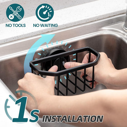 4-in-1 Sink Caddy with Strong Suction Cup, Sponge Holder for Kitchen Sink Organizer, Removable, Rustproof, Stainless Steel Holder for Sponge, Brush, Scrubber, Scraper - Silver