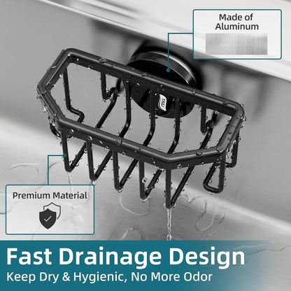 4-in-1 Sink Caddy with Strong Suction Cup, Sponge Holder for Kitchen Sink Organizer, Removable, Rustproof, Stainless Steel Holder for Sponge, Brush, Scrubber, Scraper - Silver