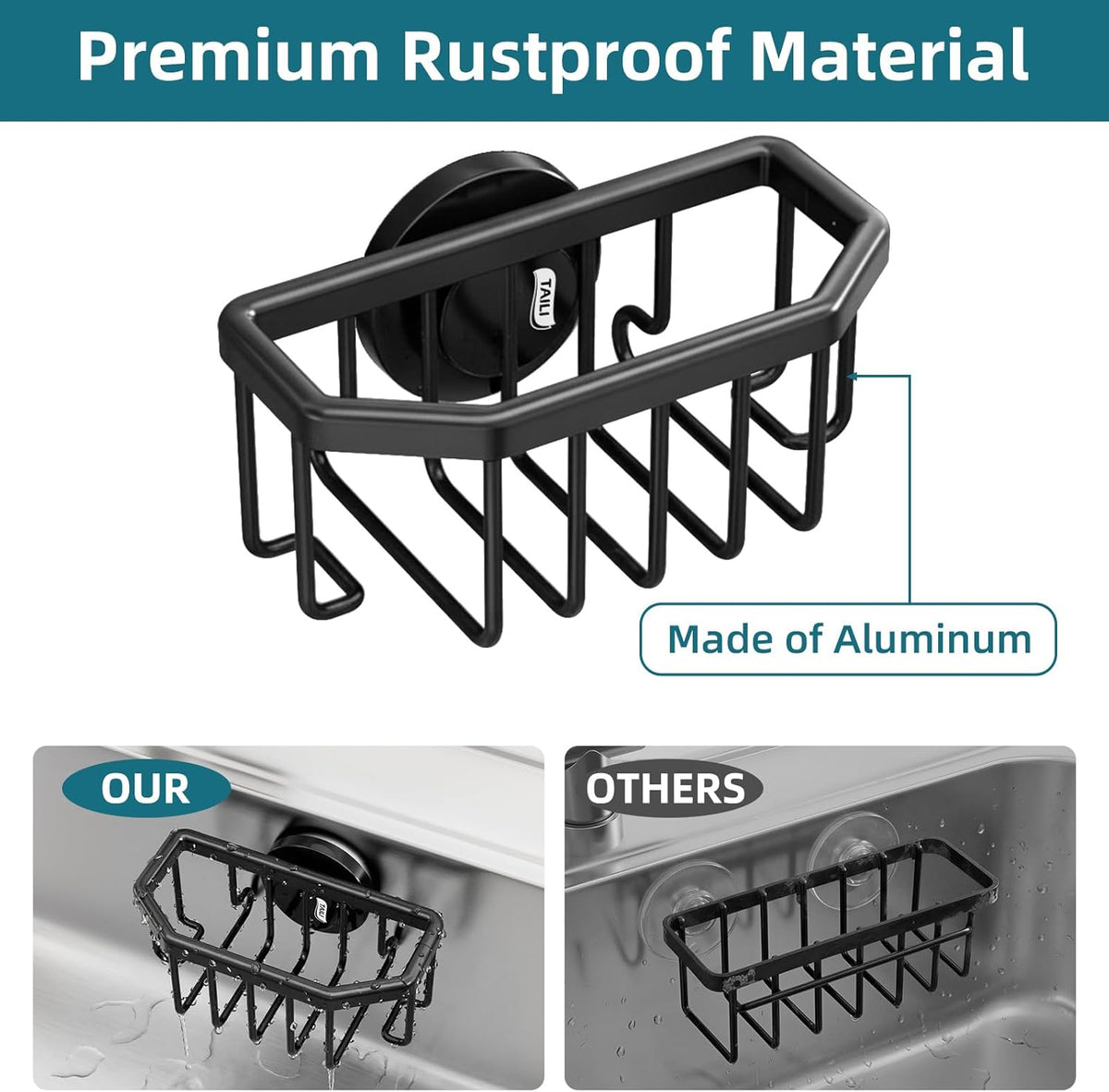 4-in-1 Sink Caddy with Strong Suction Cup, Sponge Holder for Kitchen Sink Organizer, Removable, Rustproof, Stainless Steel Holder for Sponge, Brush, Scrubber, Scraper - Silver