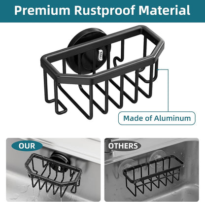 4-in-1 Sink Caddy with Strong Suction Cup, Sponge Holder for Kitchen Sink Organizer, Removable, Rustproof, Stainless Steel Holder for Sponge, Brush, Scrubber, Scraper - Silver