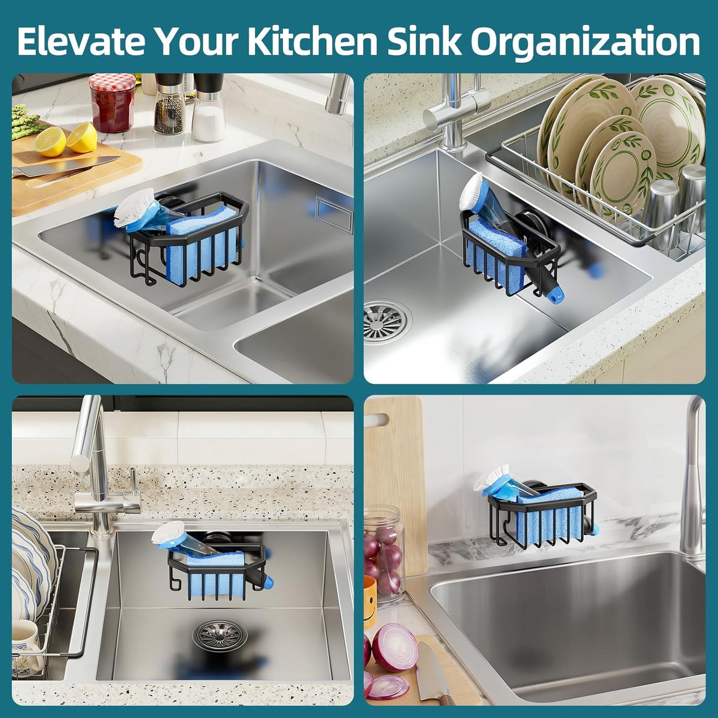 4-in-1 Sink Caddy with Strong Suction Cup, Sponge Holder for Kitchen Sink Organizer, Removable, Rustproof, Stainless Steel Holder for Sponge, Brush, Scrubber, Scraper - Silver