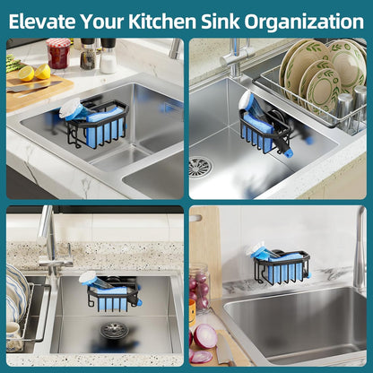 4-in-1 Sink Caddy with Strong Suction Cup, Sponge Holder for Kitchen Sink Organizer, Removable, Rustproof, Stainless Steel Holder for Sponge, Brush, Scrubber, Scraper - Silver