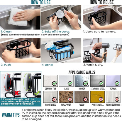 4-in-1 Sink Caddy with Strong Suction Cup, Sponge Holder for Kitchen Sink Organizer, Removable, Rustproof, Stainless Steel Holder for Sponge, Brush, Scrubber, Scraper - Silver