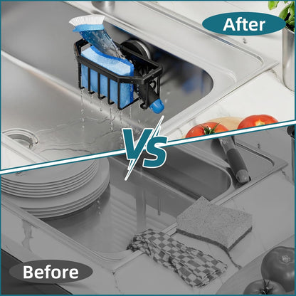 4-in-1 Sink Caddy with Strong Suction Cup, Sponge Holder for Kitchen Sink Organizer, Removable, Rustproof, Stainless Steel Holder for Sponge, Brush, Scrubber, Scraper - Silver