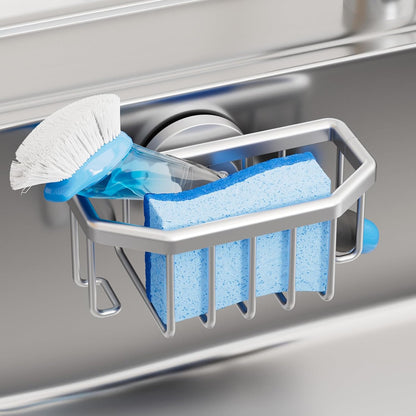 4-in-1 Sink Caddy with Strong Suction Cup, Sponge Holder for Kitchen Sink Organizer, Removable, Rustproof, Stainless Steel Holder for Sponge, Brush, Scrubber, Scraper - Silver