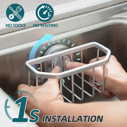 4-in-1 Sink Caddy with Strong Suction Cup, Sponge Holder for Kitchen Sink Organizer, Removable, Rustproof, Stainless Steel Holder for Sponge, Brush, Scrubber, Scraper - Silver