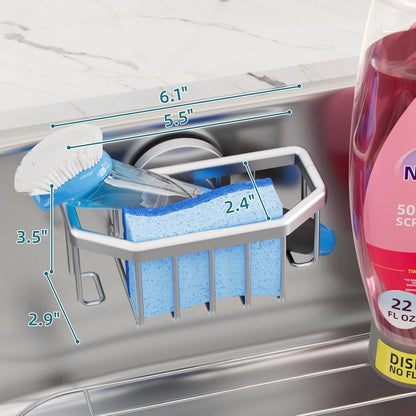 4-in-1 Sink Caddy with Strong Suction Cup, Sponge Holder for Kitchen Sink Organizer, Removable, Rustproof, Stainless Steel Holder for Sponge, Brush, Scrubber, Scraper - Silver