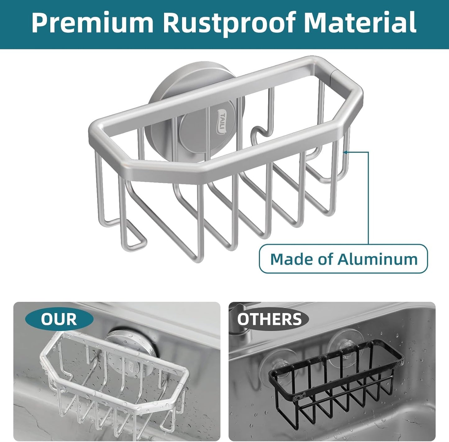 4-in-1 Sink Caddy with Strong Suction Cup, Sponge Holder for Kitchen Sink Organizer, Removable, Rustproof, Stainless Steel Holder for Sponge, Brush, Scrubber, Scraper - Silver