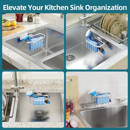 4-in-1 Sink Caddy with Strong Suction Cup, Sponge Holder for Kitchen Sink Organizer, Removable, Rustproof, Stainless Steel Holder for Sponge, Brush, Scrubber, Scraper - Silver