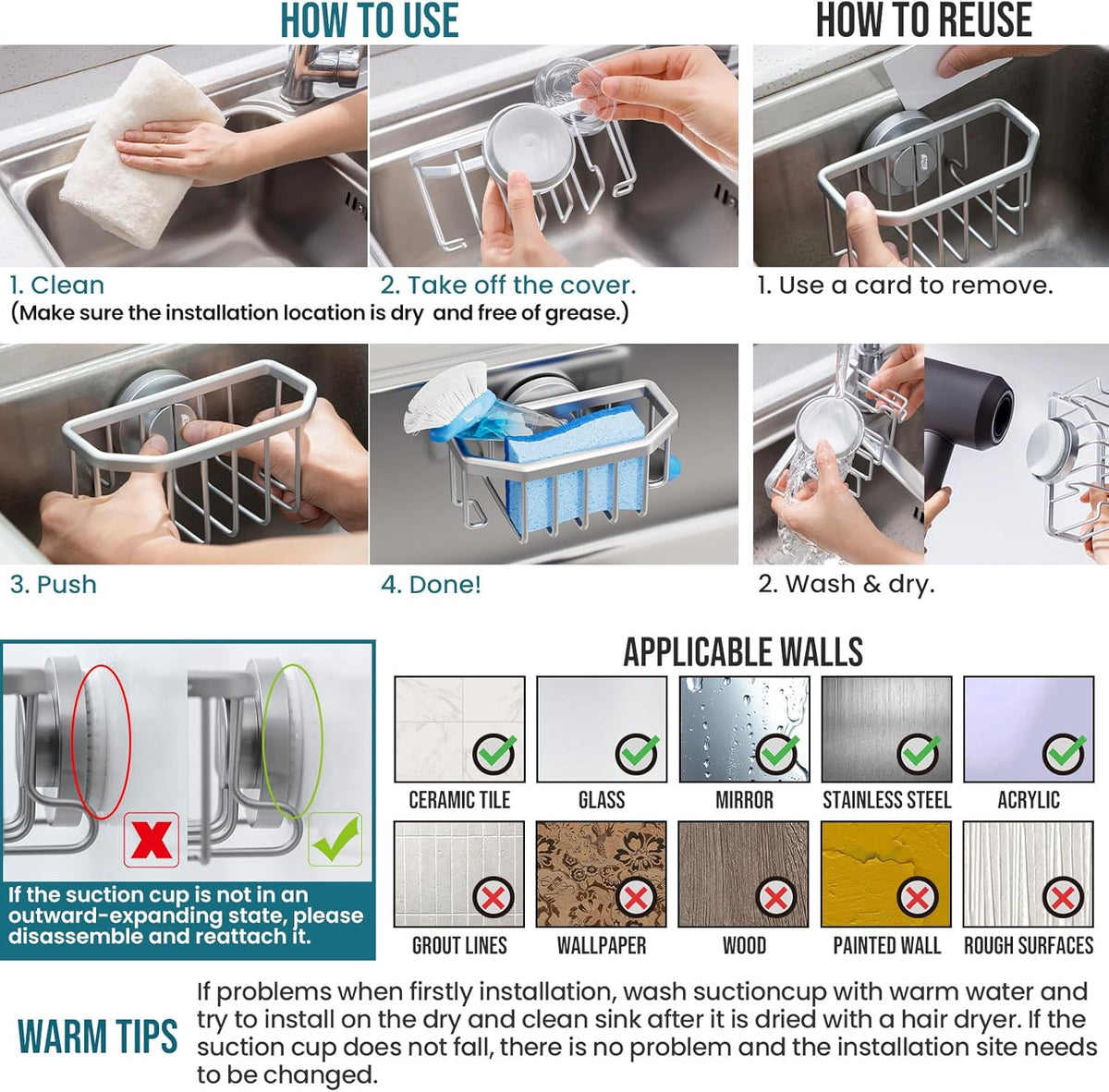 4-in-1 Sink Caddy with Strong Suction Cup, Sponge Holder for Kitchen Sink Organizer, Removable, Rustproof, Stainless Steel Holder for Sponge, Brush, Scrubber, Scraper - Silver