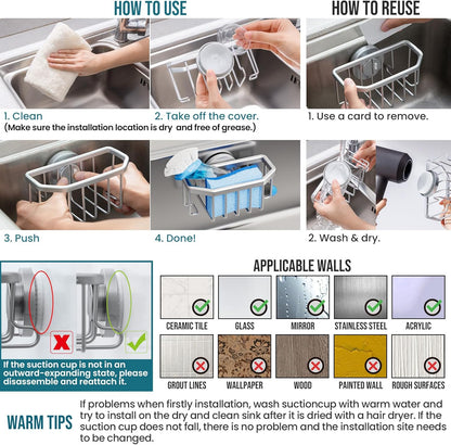 4-in-1 Sink Caddy with Strong Suction Cup, Sponge Holder for Kitchen Sink Organizer, Removable, Rustproof, Stainless Steel Holder for Sponge, Brush, Scrubber, Scraper - Silver