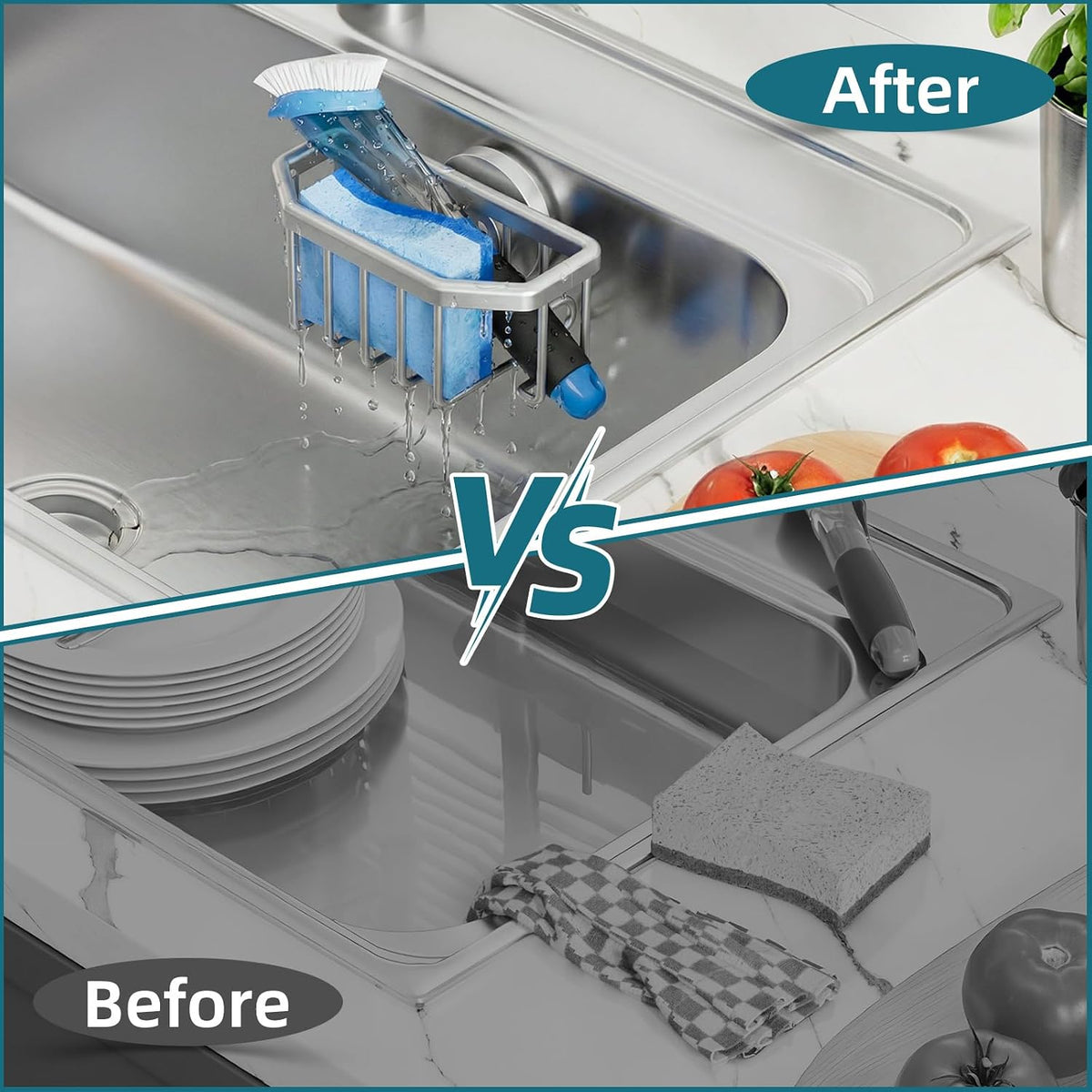 4-in-1 Sink Caddy with Strong Suction Cup, Sponge Holder for Kitchen Sink Organizer, Removable, Rustproof, Stainless Steel Holder for Sponge, Brush, Scrubber, Scraper - Silver