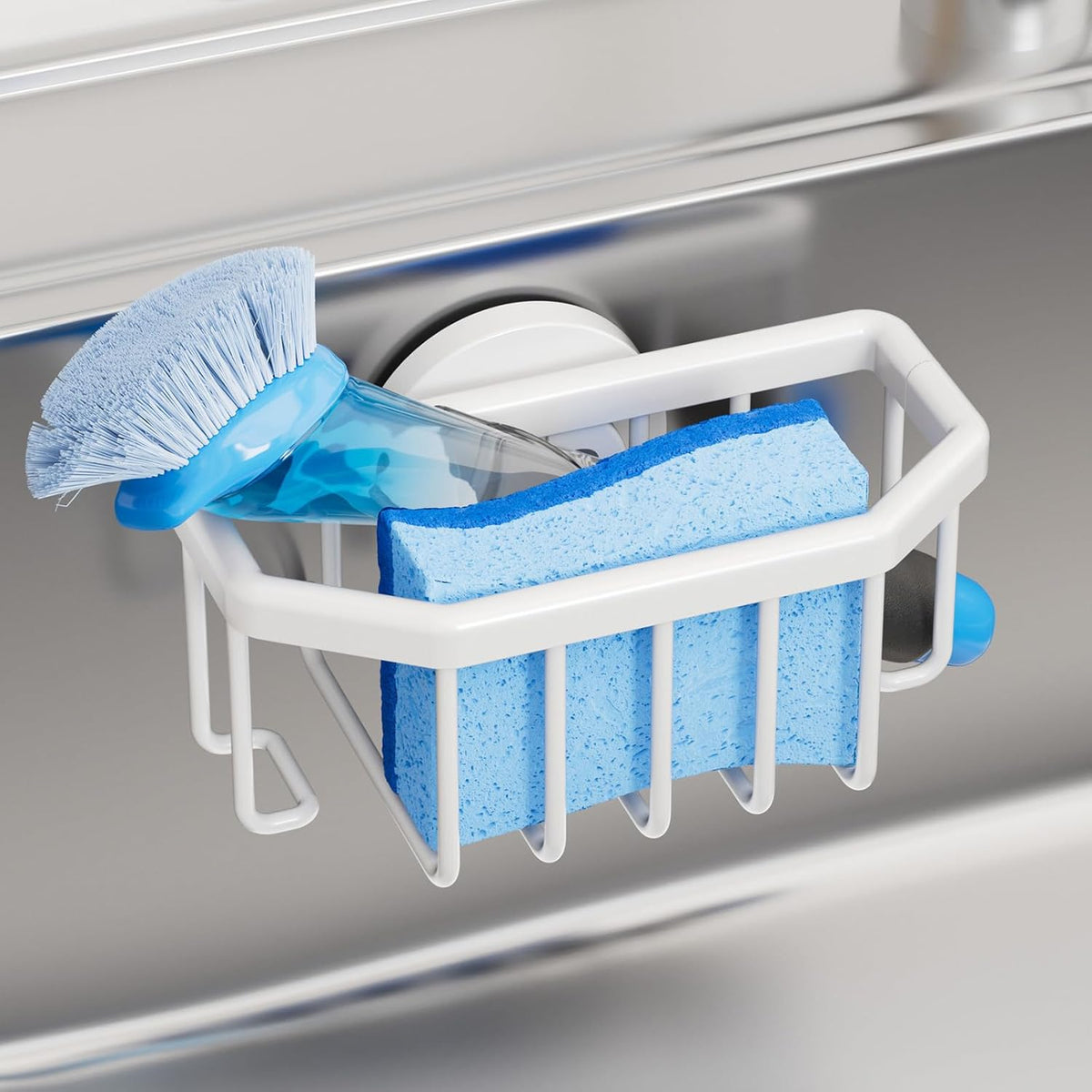4-in-1 Sink Caddy with Strong Suction Cup, Sponge Holder for Kitchen Sink Organizer, Removable, Rustproof, Stainless Steel Holder for Sponge, Brush, Scrubber, Scraper - Silver