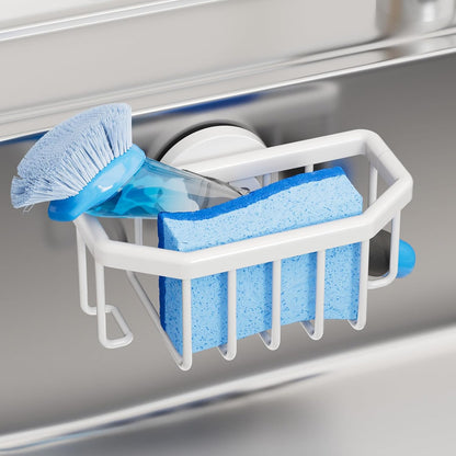 4-in-1 Sink Caddy with Strong Suction Cup, Sponge Holder for Kitchen Sink Organizer, Removable, Rustproof, Stainless Steel Holder for Sponge, Brush, Scrubber, Scraper - Silver