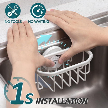 4-in-1 Sink Caddy with Strong Suction Cup, Sponge Holder for Kitchen Sink Organizer, Removable, Rustproof, Stainless Steel Holder for Sponge, Brush, Scrubber, Scraper - Silver