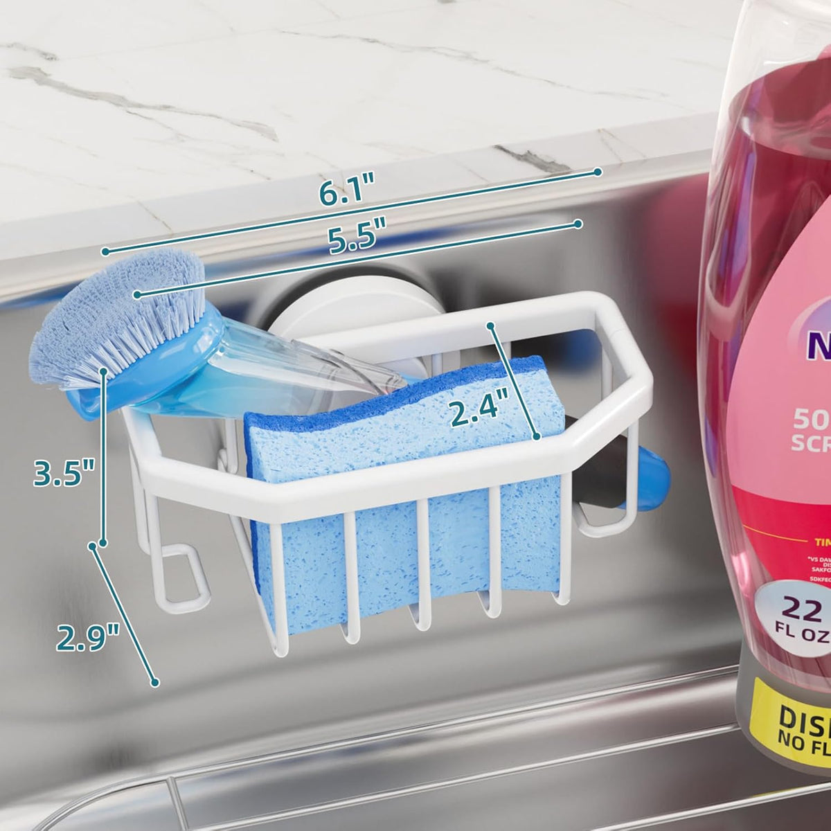4-in-1 Sink Caddy with Strong Suction Cup, Sponge Holder for Kitchen Sink Organizer, Removable, Rustproof, Stainless Steel Holder for Sponge, Brush, Scrubber, Scraper - Silver