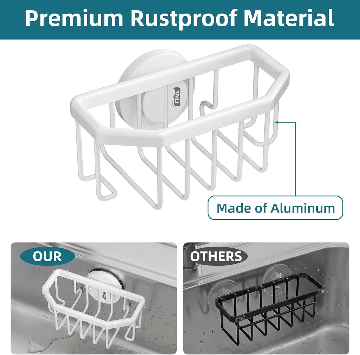 4-in-1 Sink Caddy with Strong Suction Cup, Sponge Holder for Kitchen Sink Organizer, Removable, Rustproof, Stainless Steel Holder for Sponge, Brush, Scrubber, Scraper - Silver