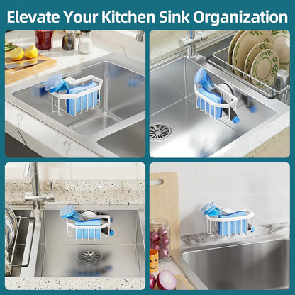 4-in-1 Sink Caddy with Strong Suction Cup, Sponge Holder for Kitchen Sink Organizer, Removable, Rustproof, Stainless Steel Holder for Sponge, Brush, Scrubber, Scraper - Silver