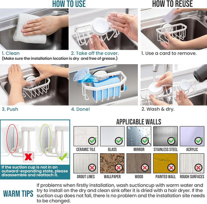 4-in-1 Sink Caddy with Strong Suction Cup, Sponge Holder for Kitchen Sink Organizer, Removable, Rustproof, Stainless Steel Holder for Sponge, Brush, Scrubber, Scraper - Silver