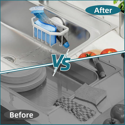 4-in-1 Sink Caddy with Strong Suction Cup, Sponge Holder for Kitchen Sink Organizer, Removable, Rustproof, Stainless Steel Holder for Sponge, Brush, Scrubber, Scraper - Silver
