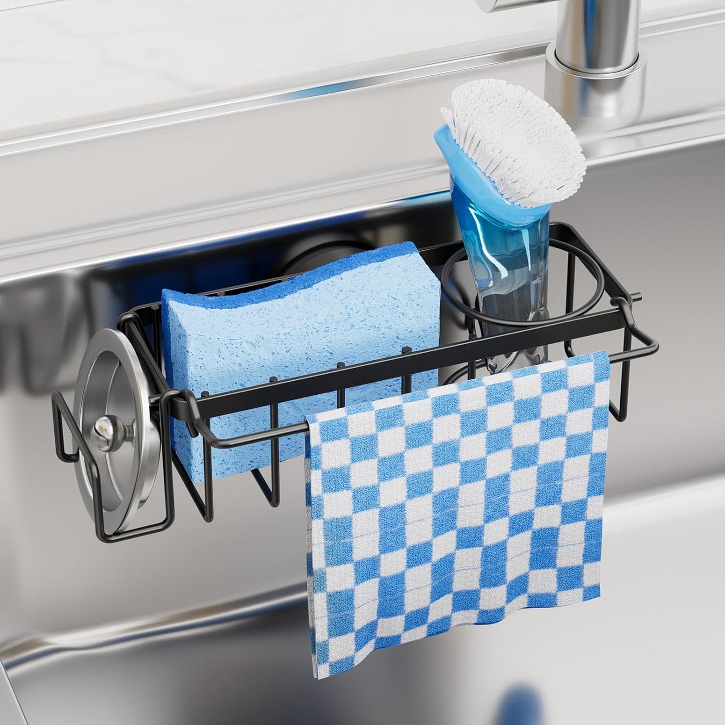 4-in-1 Sink Caddy with Strong Suction Cup, Sponge Holder for Kitchen Sink Organizer, Removable, Rustproof, Stainless Steel Holder for Sponge, Brush, Scrubber, Scraper - Silver