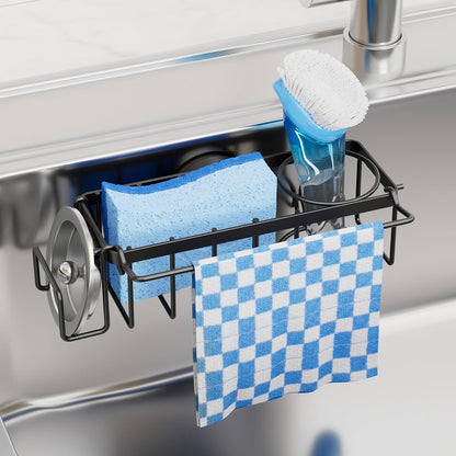 4-in-1 Sink Caddy with Strong Suction Cup, Sponge Holder for Kitchen Sink Organizer, Removable, Rustproof, Stainless Steel Holder for Sponge, Brush, Scrubber, Scraper - Silver