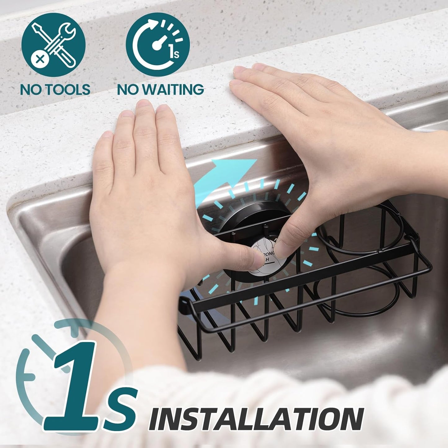 4-in-1 Sink Caddy with Strong Suction Cup, Sponge Holder for Kitchen Sink Organizer, Removable, Rustproof, Stainless Steel Holder for Sponge, Brush, Scrubber, Scraper - Silver