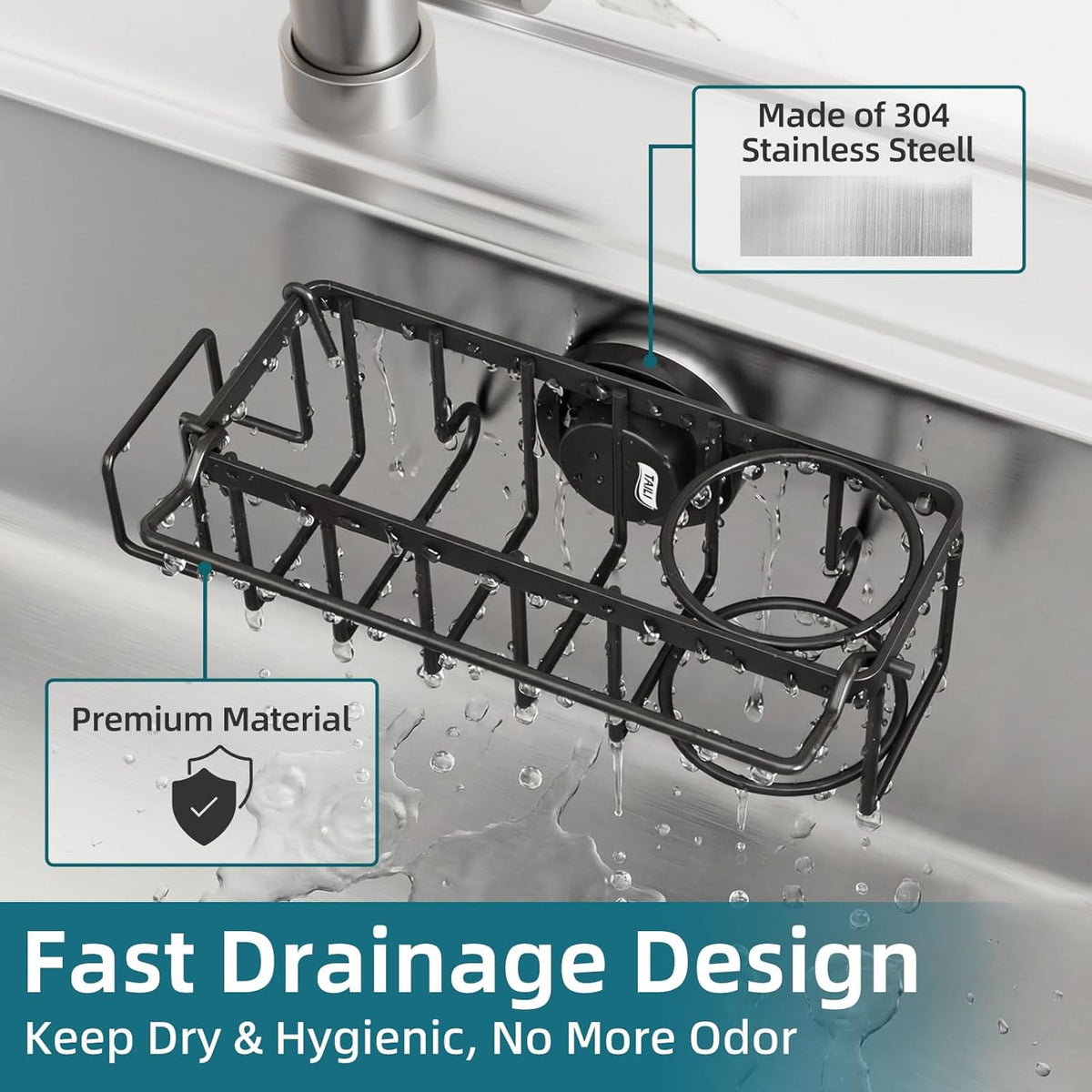 4-in-1 Sink Caddy with Strong Suction Cup, Sponge Holder for Kitchen Sink Organizer, Removable, Rustproof, Stainless Steel Holder for Sponge, Brush, Scrubber, Scraper - Silver