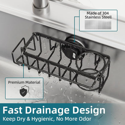 4-in-1 Sink Caddy with Strong Suction Cup, Sponge Holder for Kitchen Sink Organizer, Removable, Rustproof, Stainless Steel Holder for Sponge, Brush, Scrubber, Scraper - Silver