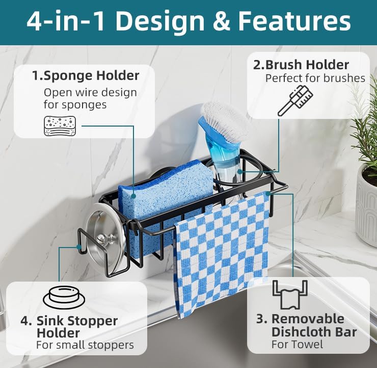 4-in-1 Sink Caddy with Strong Suction Cup, Sponge Holder for Kitchen Sink Organizer, Removable, Rustproof, Stainless Steel Holder for Sponge, Brush, Scrubber, Scraper - Silver