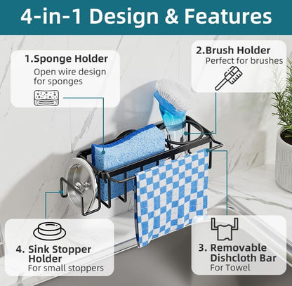 4-in-1 Sink Caddy with Strong Suction Cup, Sponge Holder for Kitchen Sink Organizer, Removable, Rustproof, Stainless Steel Holder for Sponge, Brush, Scrubber, Scraper - Silver