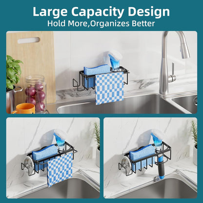 4-in-1 Sink Caddy with Strong Suction Cup, Sponge Holder for Kitchen Sink Organizer, Removable, Rustproof, Stainless Steel Holder for Sponge, Brush, Scrubber, Scraper - Silver