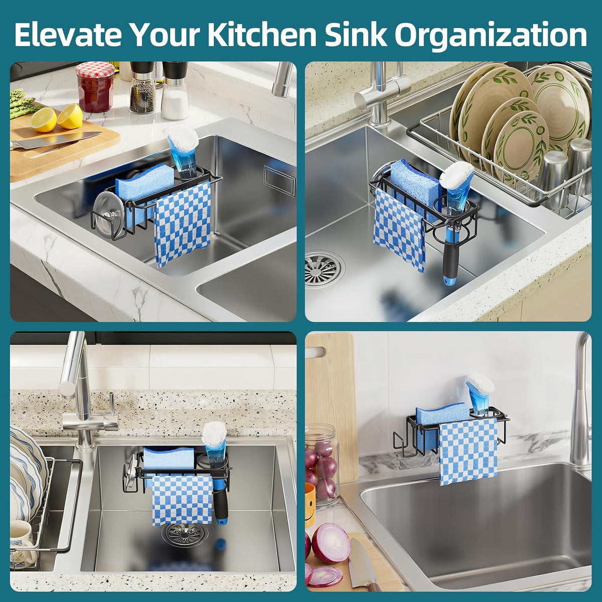 4-in-1 Sink Caddy with Strong Suction Cup, Sponge Holder for Kitchen Sink Organizer, Removable, Rustproof, Stainless Steel Holder for Sponge, Brush, Scrubber, Scraper - Silver