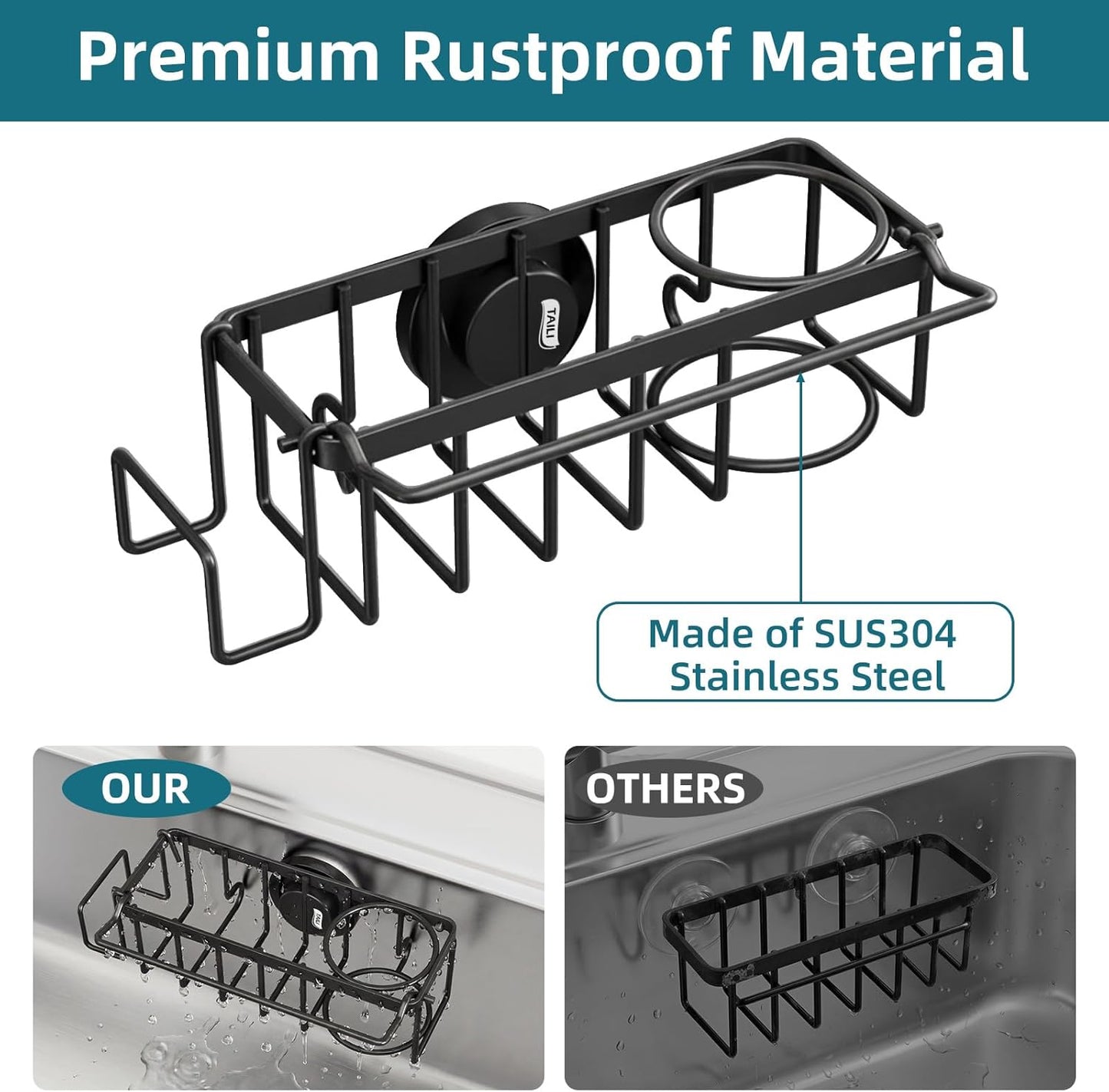 4-in-1 Sink Caddy with Strong Suction Cup, Sponge Holder for Kitchen Sink Organizer, Removable, Rustproof, Stainless Steel Holder for Sponge, Brush, Scrubber, Scraper - Silver