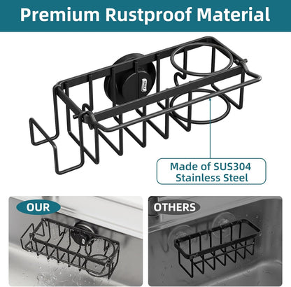 4-in-1 Sink Caddy with Strong Suction Cup, Sponge Holder for Kitchen Sink Organizer, Removable, Rustproof, Stainless Steel Holder for Sponge, Brush, Scrubber, Scraper - Silver