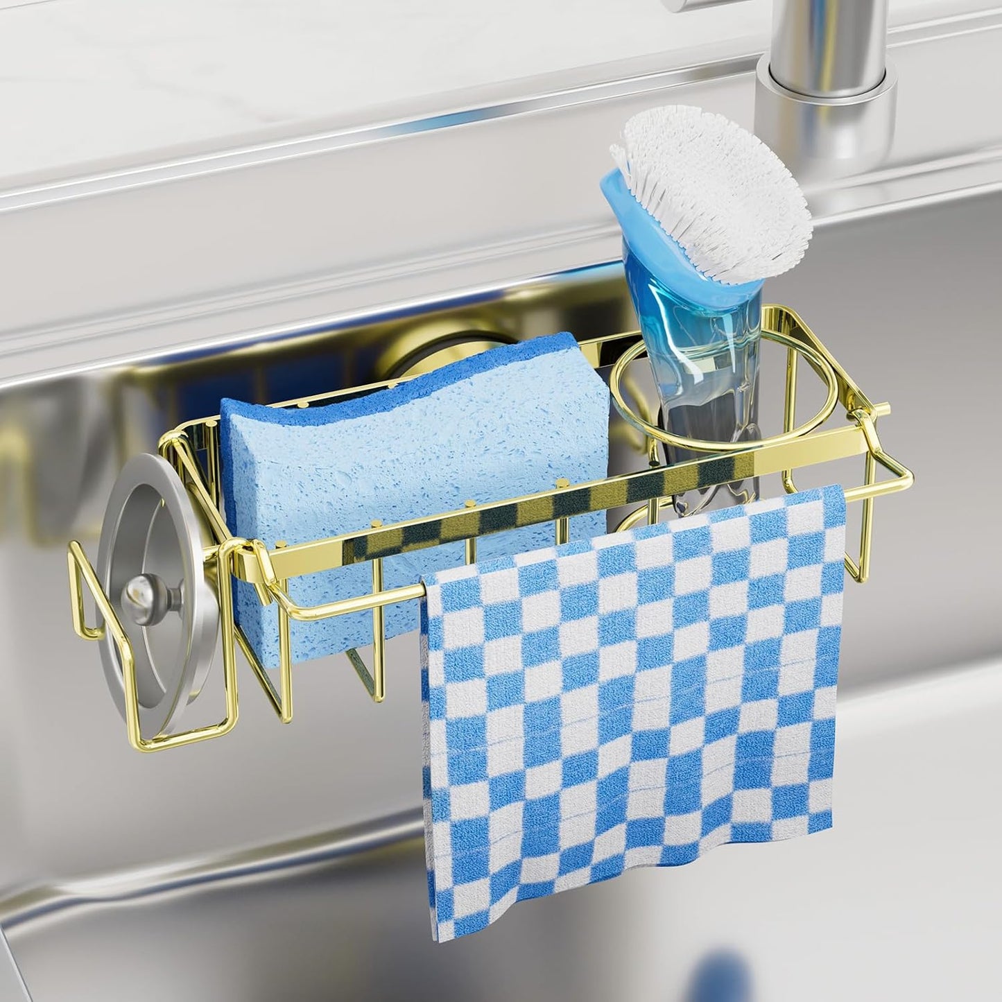 4-in-1 Sink Caddy with Strong Suction Cup, Sponge Holder for Kitchen Sink Organizer, Removable, Rustproof, Stainless Steel Holder for Sponge, Brush, Scrubber, Scraper - Silver