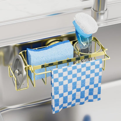 4-in-1 Sink Caddy with Strong Suction Cup, Sponge Holder for Kitchen Sink Organizer, Removable, Rustproof, Stainless Steel Holder for Sponge, Brush, Scrubber, Scraper - Silver