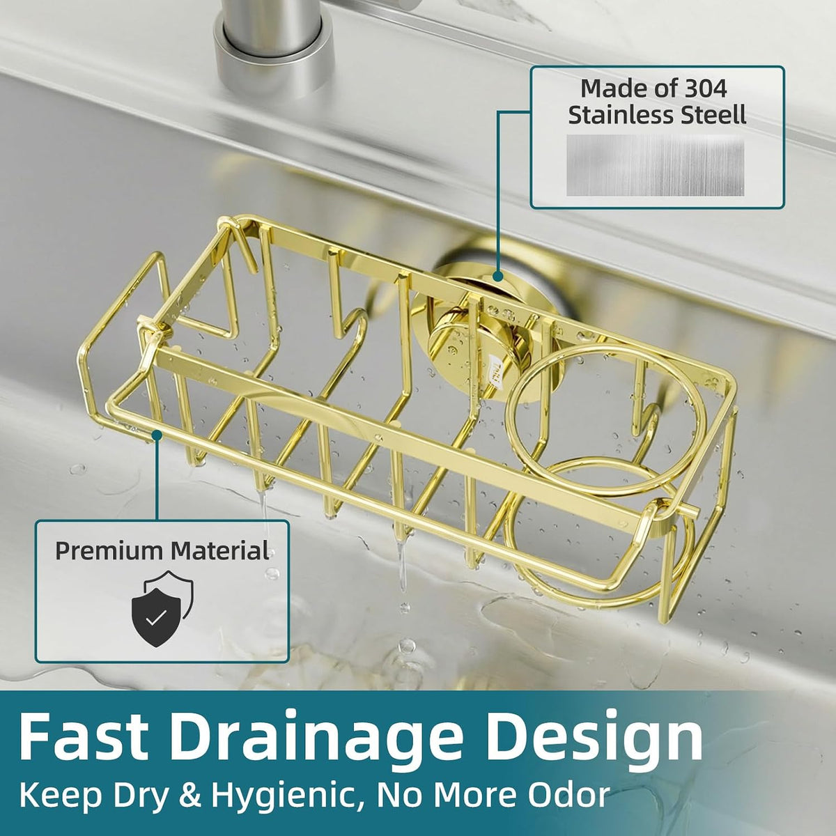 4-in-1 Sink Caddy with Strong Suction Cup, Sponge Holder for Kitchen Sink Organizer, Removable, Rustproof, Stainless Steel Holder for Sponge, Brush, Scrubber, Scraper - Silver
