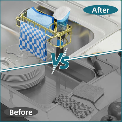 4-in-1 Sink Caddy with Strong Suction Cup, Sponge Holder for Kitchen Sink Organizer, Removable, Rustproof, Stainless Steel Holder for Sponge, Brush, Scrubber, Scraper - Silver