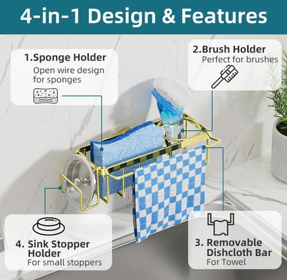 4-in-1 Sink Caddy with Strong Suction Cup, Sponge Holder for Kitchen Sink Organizer, Removable, Rustproof, Stainless Steel Holder for Sponge, Brush, Scrubber, Scraper - Silver
