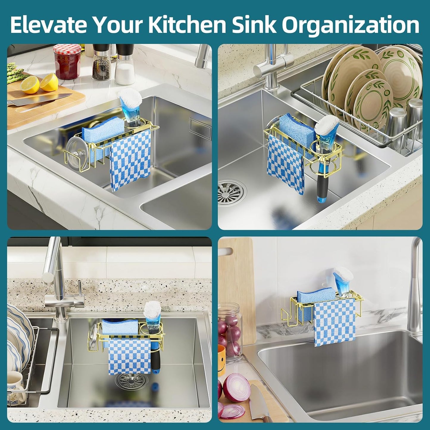4-in-1 Sink Caddy with Strong Suction Cup, Sponge Holder for Kitchen Sink Organizer, Removable, Rustproof, Stainless Steel Holder for Sponge, Brush, Scrubber, Scraper - Silver