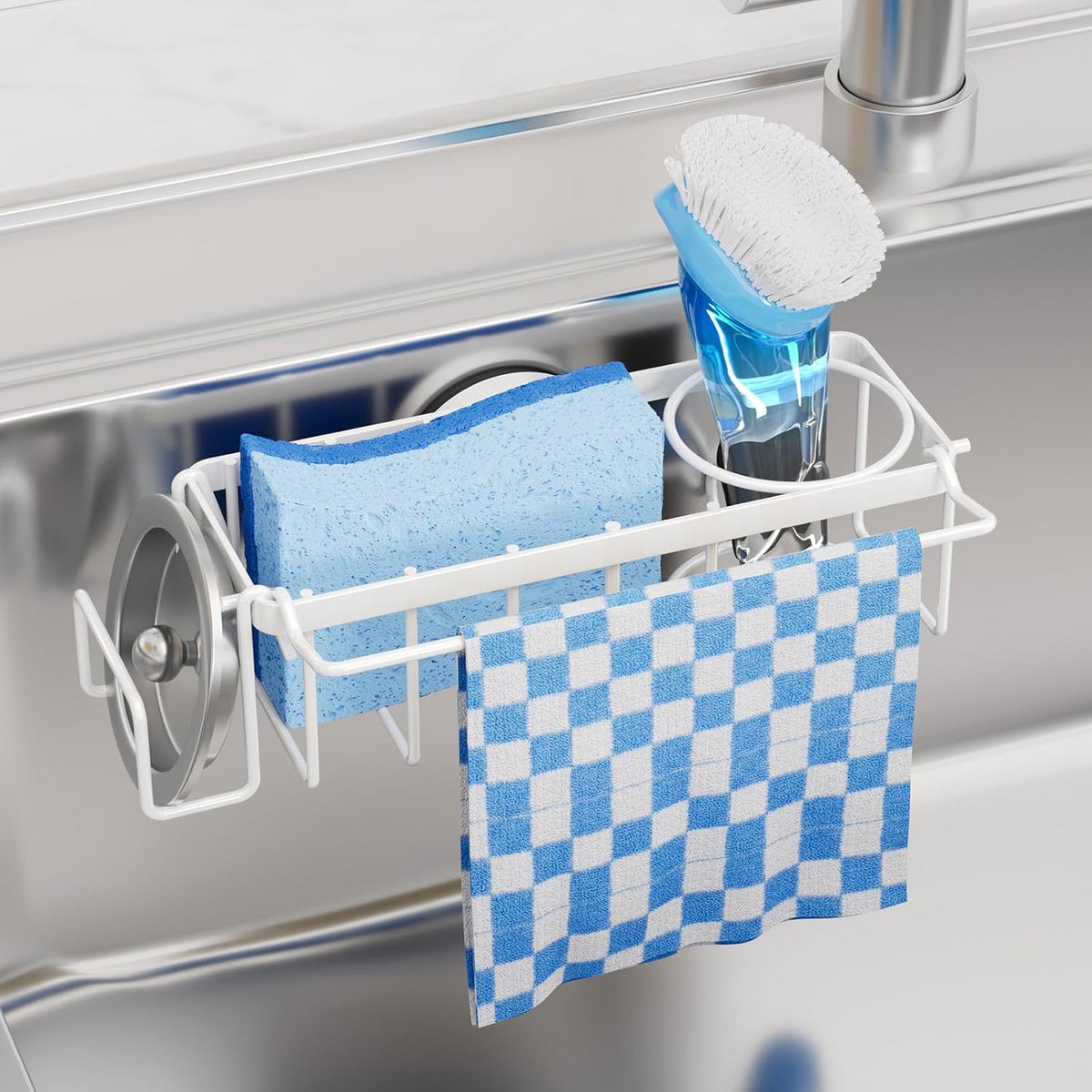 4-in-1 Sink Caddy with Strong Suction Cup, Sponge Holder for Kitchen Sink Organizer, Removable, Rustproof, Stainless Steel Holder for Sponge, Brush, Scrubber, Scraper - Silver