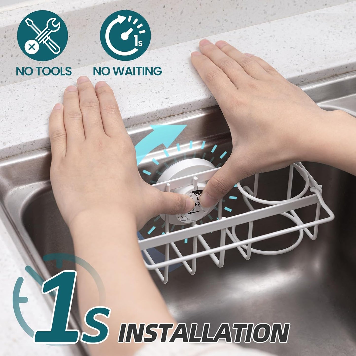 4-in-1 Sink Caddy with Strong Suction Cup, Sponge Holder for Kitchen Sink Organizer, Removable, Rustproof, Stainless Steel Holder for Sponge, Brush, Scrubber, Scraper - Silver