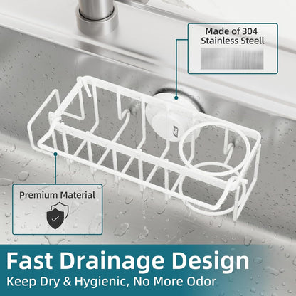 4-in-1 Sink Caddy with Strong Suction Cup, Sponge Holder for Kitchen Sink Organizer, Removable, Rustproof, Stainless Steel Holder for Sponge, Brush, Scrubber, Scraper - Silver