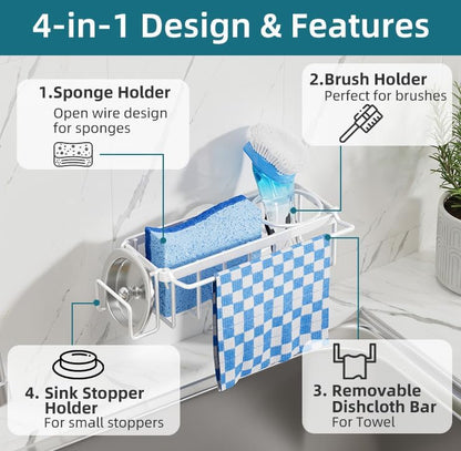4-in-1 Sink Caddy with Strong Suction Cup, Sponge Holder for Kitchen Sink Organizer, Removable, Rustproof, Stainless Steel Holder for Sponge, Brush, Scrubber, Scraper - Silver