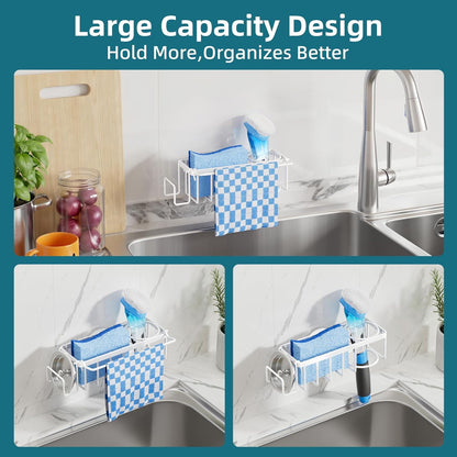 4-in-1 Sink Caddy with Strong Suction Cup, Sponge Holder for Kitchen Sink Organizer, Removable, Rustproof, Stainless Steel Holder for Sponge, Brush, Scrubber, Scraper - Silver